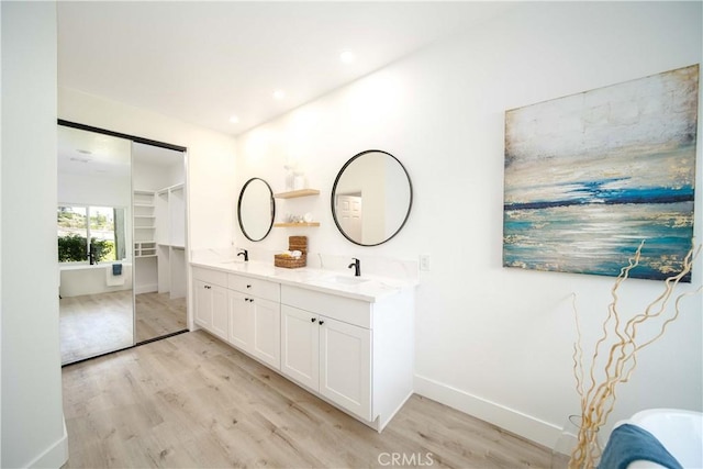 bathroom with hardwood / wood-style floors and vanity