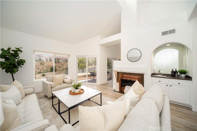 living room with a towering ceiling and light hardwood / wood-style flooring