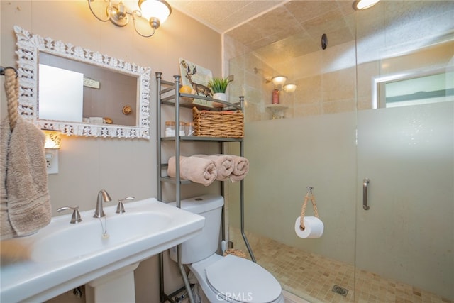 bathroom featuring sink, a shower with shower door, and toilet