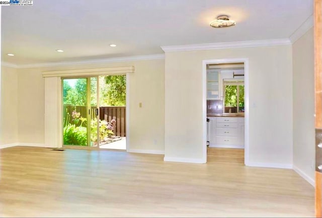 unfurnished room with crown molding, light hardwood / wood-style flooring, and plenty of natural light