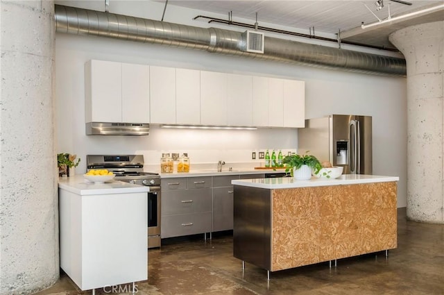 kitchen with gray cabinetry, a center island, sink, white cabinetry, and stainless steel appliances