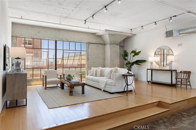 living room with rail lighting and hardwood / wood-style flooring