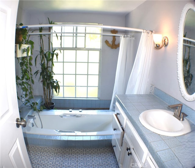 bathroom with vanity, separate shower and tub, and tile patterned flooring