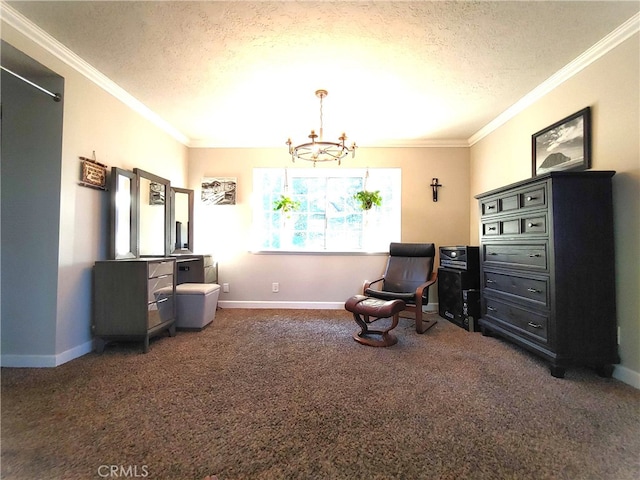 living area with ornamental molding, a textured ceiling, and dark colored carpet