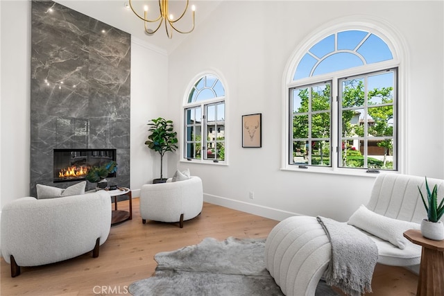 living area with light hardwood / wood-style flooring, a high end fireplace, and a healthy amount of sunlight