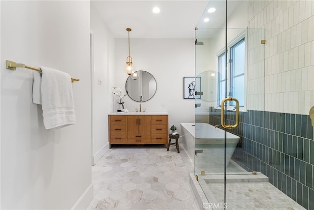 bathroom featuring tile patterned flooring, vanity, independent shower and bath, and tile walls