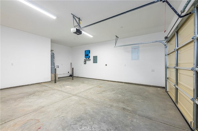 garage with secured water heater, a garage door opener, and electric panel