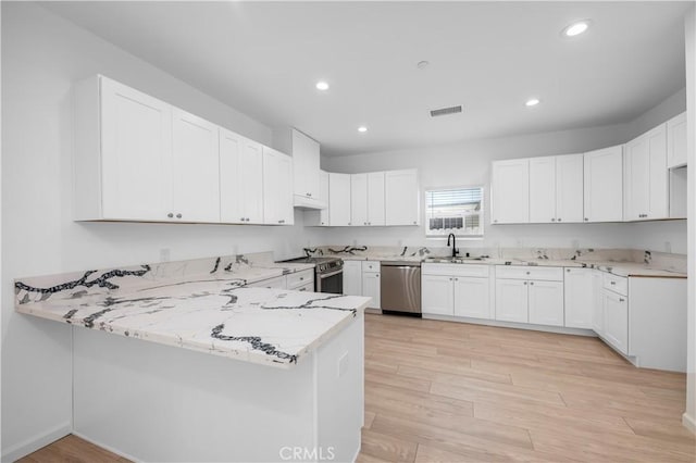 kitchen featuring white cabinetry, light stone countertops, kitchen peninsula, and stainless steel appliances