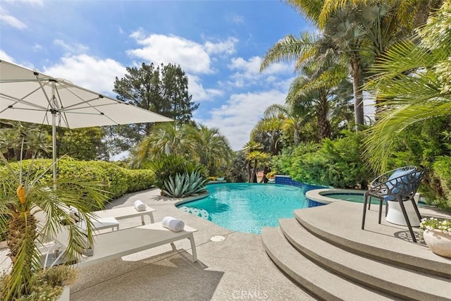 view of pool featuring an in ground hot tub and a patio