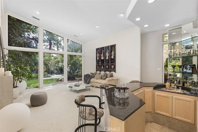 interior space with light carpet and sink