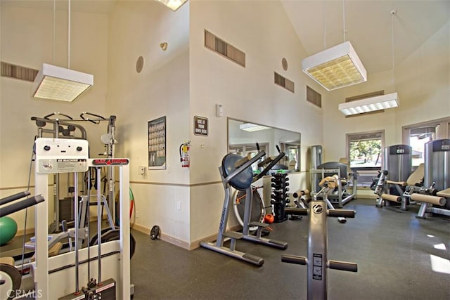 exercise room with a towering ceiling