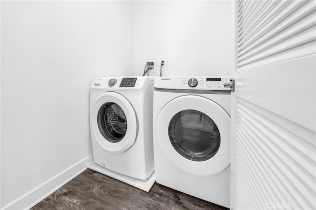 laundry room with independent washer and dryer and dark wood-type flooring