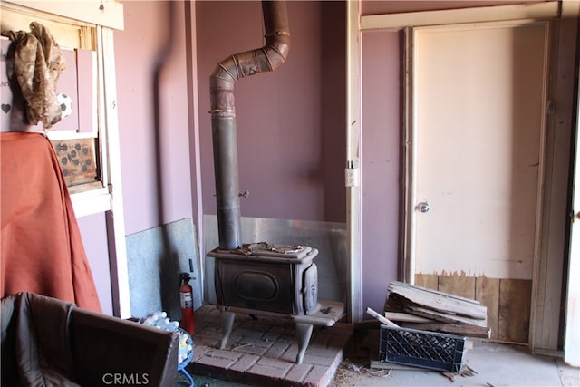 interior details with a wood stove