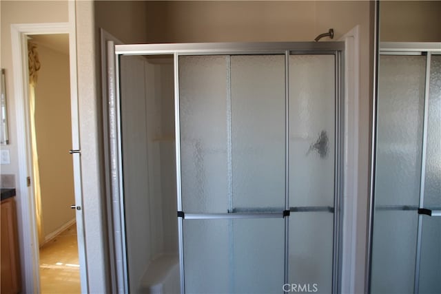 bathroom with vanity and a shower with shower door