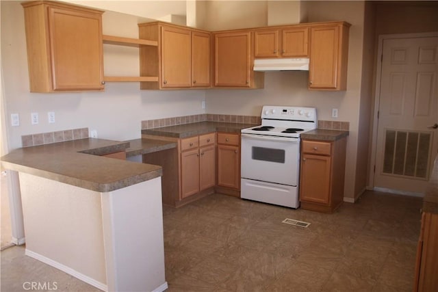 kitchen with under cabinet range hood, visible vents, open shelves, dark countertops, and white electric range oven