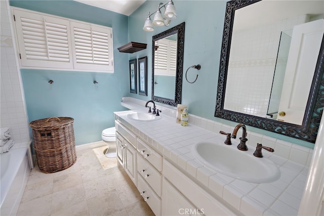 full bathroom with vanity, plus walk in shower, toilet, and tile patterned floors