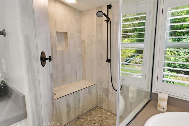 bathroom featuring an enclosed shower and a healthy amount of sunlight