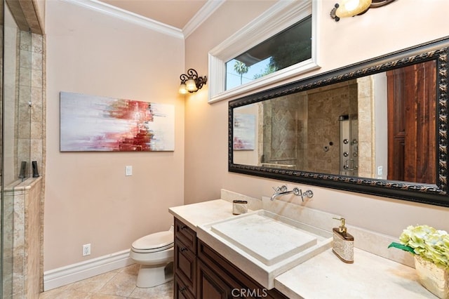 bathroom with tile patterned flooring, an enclosed shower, ornamental molding, vanity, and toilet