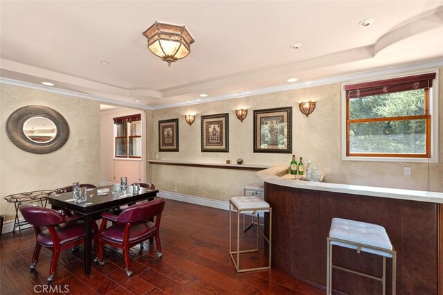 dining space with a raised ceiling, bar area, and dark hardwood / wood-style flooring