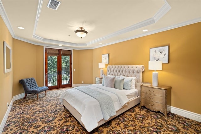 bedroom featuring access to outside, carpet floors, a raised ceiling, and ornamental molding