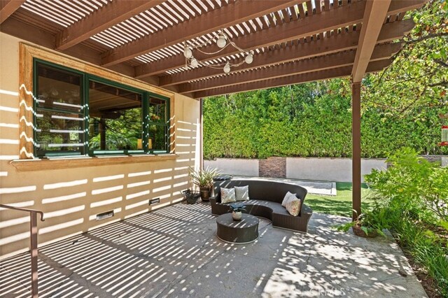 view of patio / terrace with a pergola and outdoor lounge area