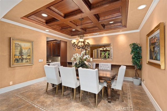 dining area with beam ceiling, coffered ceiling, an inviting chandelier, tile patterned floors, and crown molding