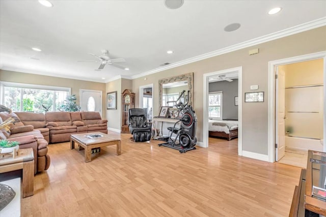 living room featuring a wealth of natural light, crown molding, and light hardwood / wood-style flooring