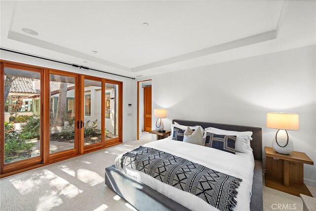 bedroom featuring multiple windows, a raised ceiling, and light colored carpet