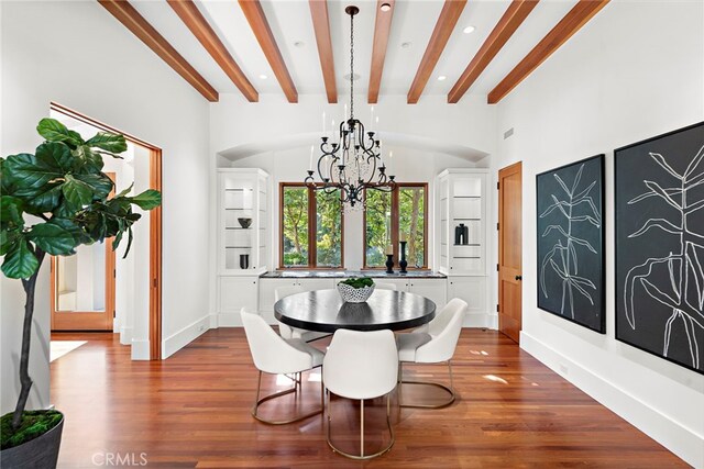 dining area with dark wood-style floors, beam ceiling, recessed lighting, a chandelier, and baseboards