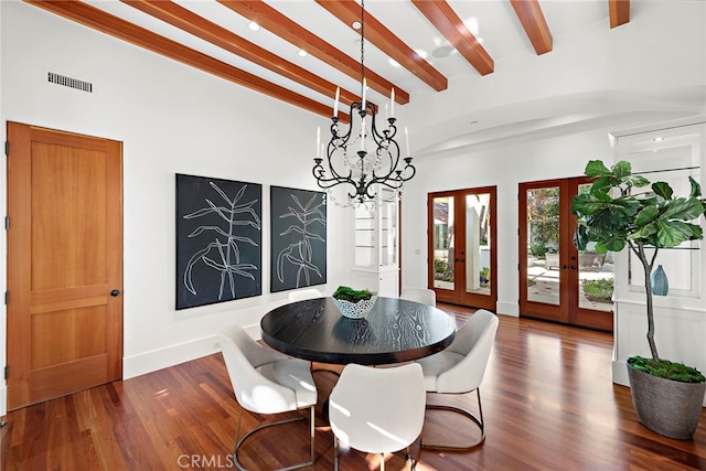 dining area featuring visible vents, baseboards, french doors, beamed ceiling, and dark wood finished floors