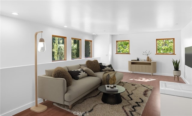 living area featuring recessed lighting, baseboards, and wood finished floors