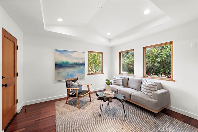 living room featuring baseboards, a tray ceiling, and wood finished floors