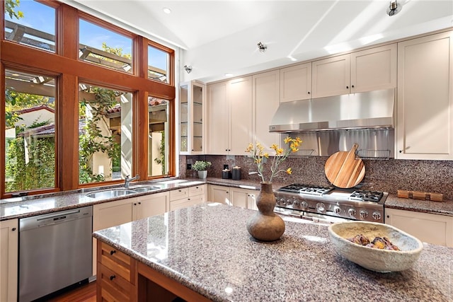 kitchen featuring light stone counters, stainless steel appliances, backsplash, a sink, and under cabinet range hood