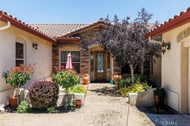 property entrance with stone siding, a tile roof, and stucco siding