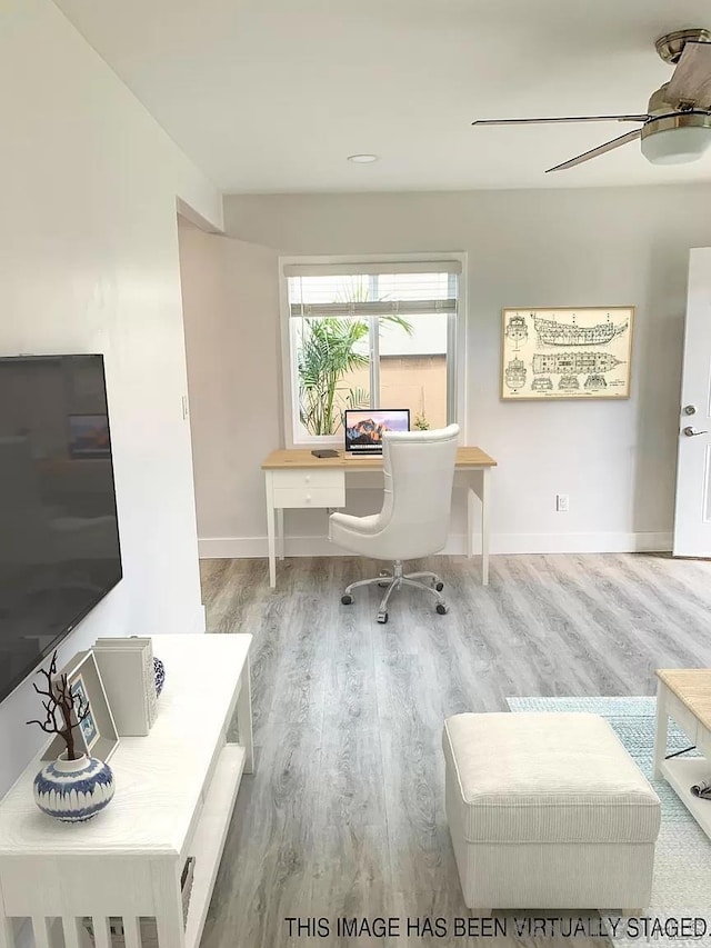 home office with ceiling fan and light hardwood / wood-style flooring