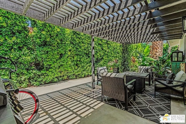 view of patio with an outdoor hangout area and a pergola