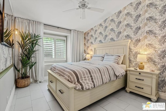 bedroom featuring light tile patterned flooring and ceiling fan