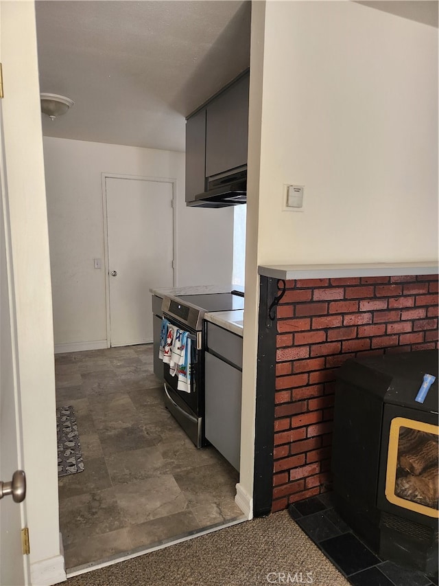 kitchen featuring stainless steel electric stove, a wood stove, and gray cabinets