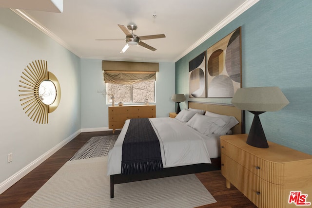 bedroom with ceiling fan, dark hardwood / wood-style floors, and ornamental molding