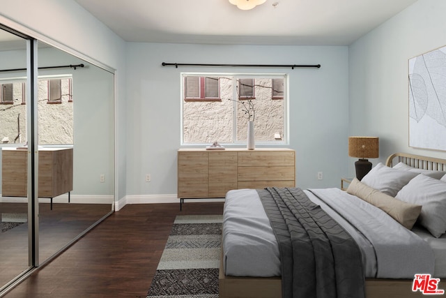 bedroom featuring dark hardwood / wood-style floors and a closet