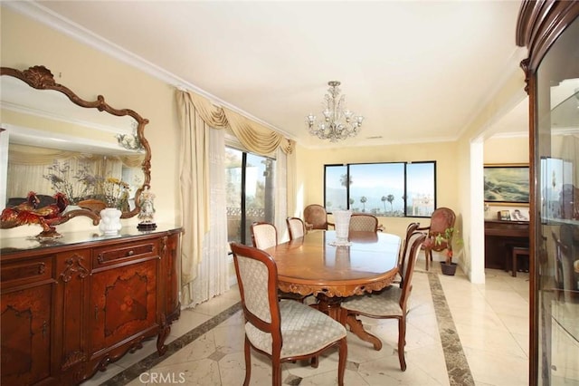 dining space featuring a chandelier and ornamental molding