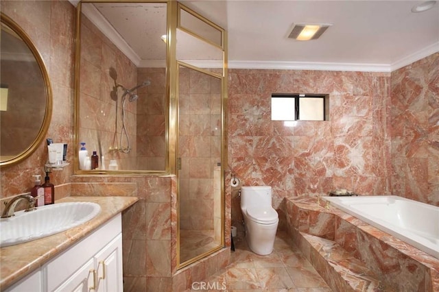 full bathroom with separate shower and tub, toilet, tile walls, and ornamental molding