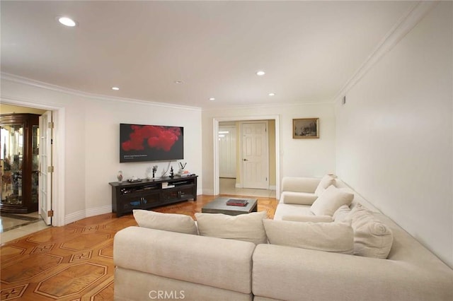 living room with hardwood / wood-style floors and ornamental molding