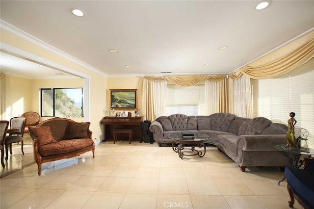 living room featuring light tile patterned floors and crown molding