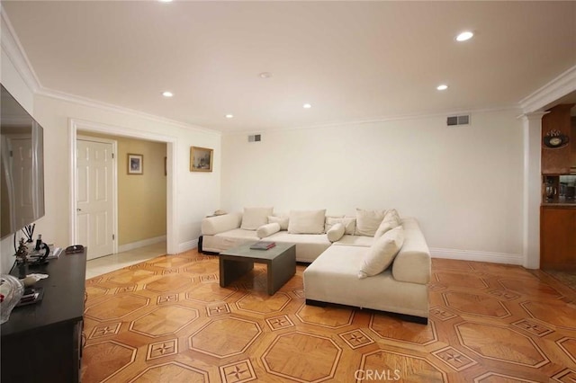 living room with crown molding