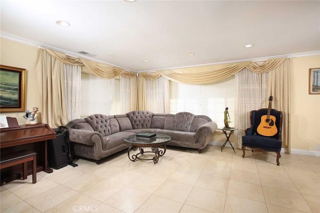 tiled living room with ornamental molding