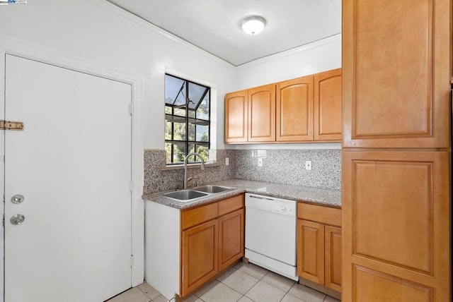 kitchen with light tile patterned flooring, ornamental molding, sink, backsplash, and dishwasher