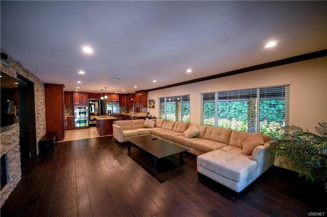 living room featuring a fireplace, dark wood-type flooring, and ornamental molding