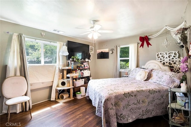 bedroom featuring multiple windows, dark hardwood / wood-style floors, and ceiling fan