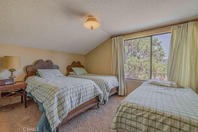 bedroom with light carpet, a textured ceiling, vaulted ceiling, and multiple windows